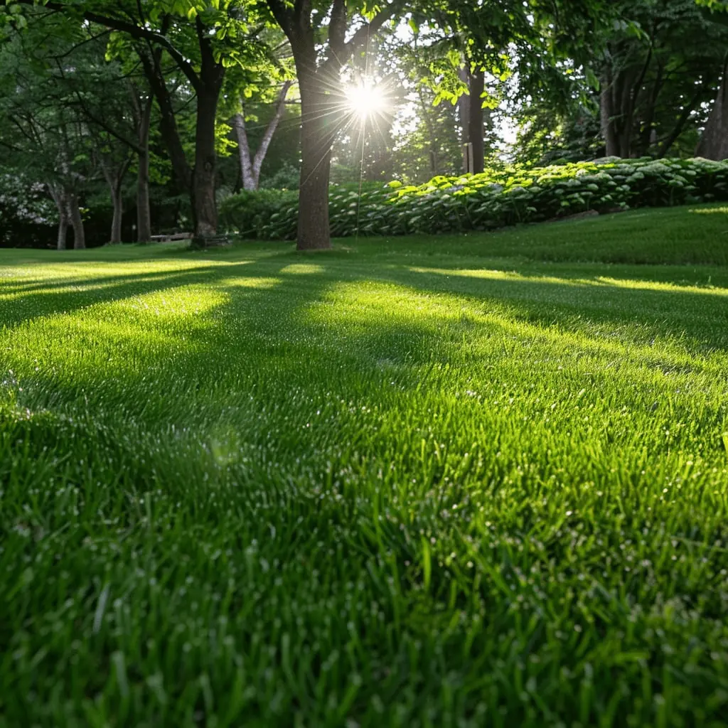 A lush, green lawn with sunlight filtering through trees in the background
